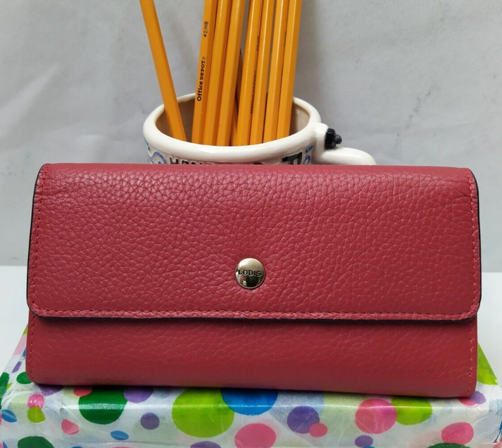 Lodis Red Leather Credit Card ID Window Trifold Long Wallet